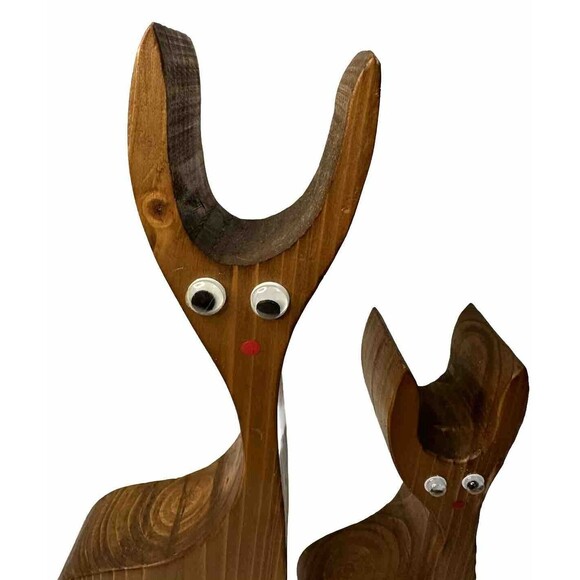 Vintage Set of 3 Hand Crafted Solid Wood Deer Reindeers - 10.5”, 7”, 4.5” Googly - Picture 6 of 9